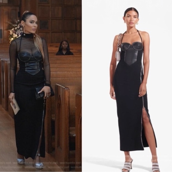 STAUD Hindley Faux Leather Corset Halter Neck Exposed Zipper Black Midi Dress - Picture 6 of 16